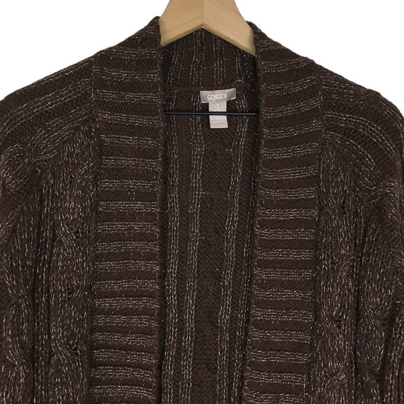 CHICOS Cardigan Sweater Metallic Open Front Cable Knit Rabbit Hair Size 1 Medium - Picture 2 of 8
